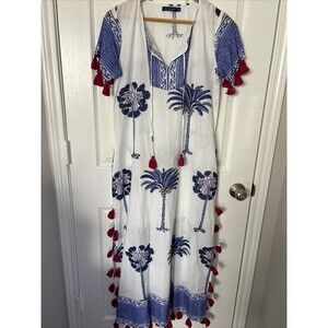 La Plage Midi Dress Cover Up XS Tassels Pockets Tropical Palm Trees White Blue